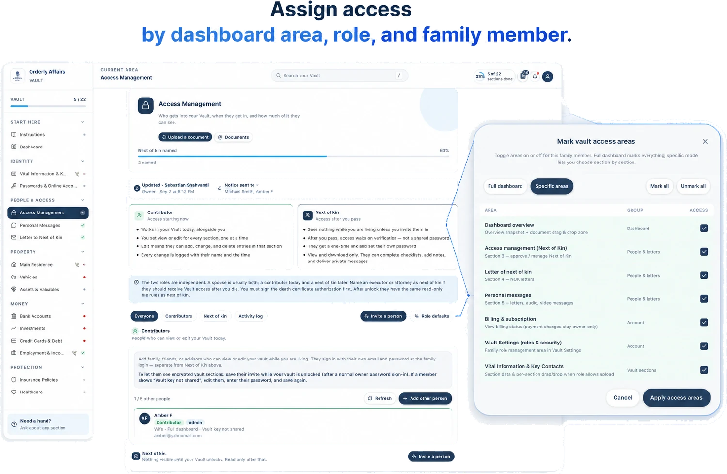 Assigning Vault access by dashboard area, role and family member