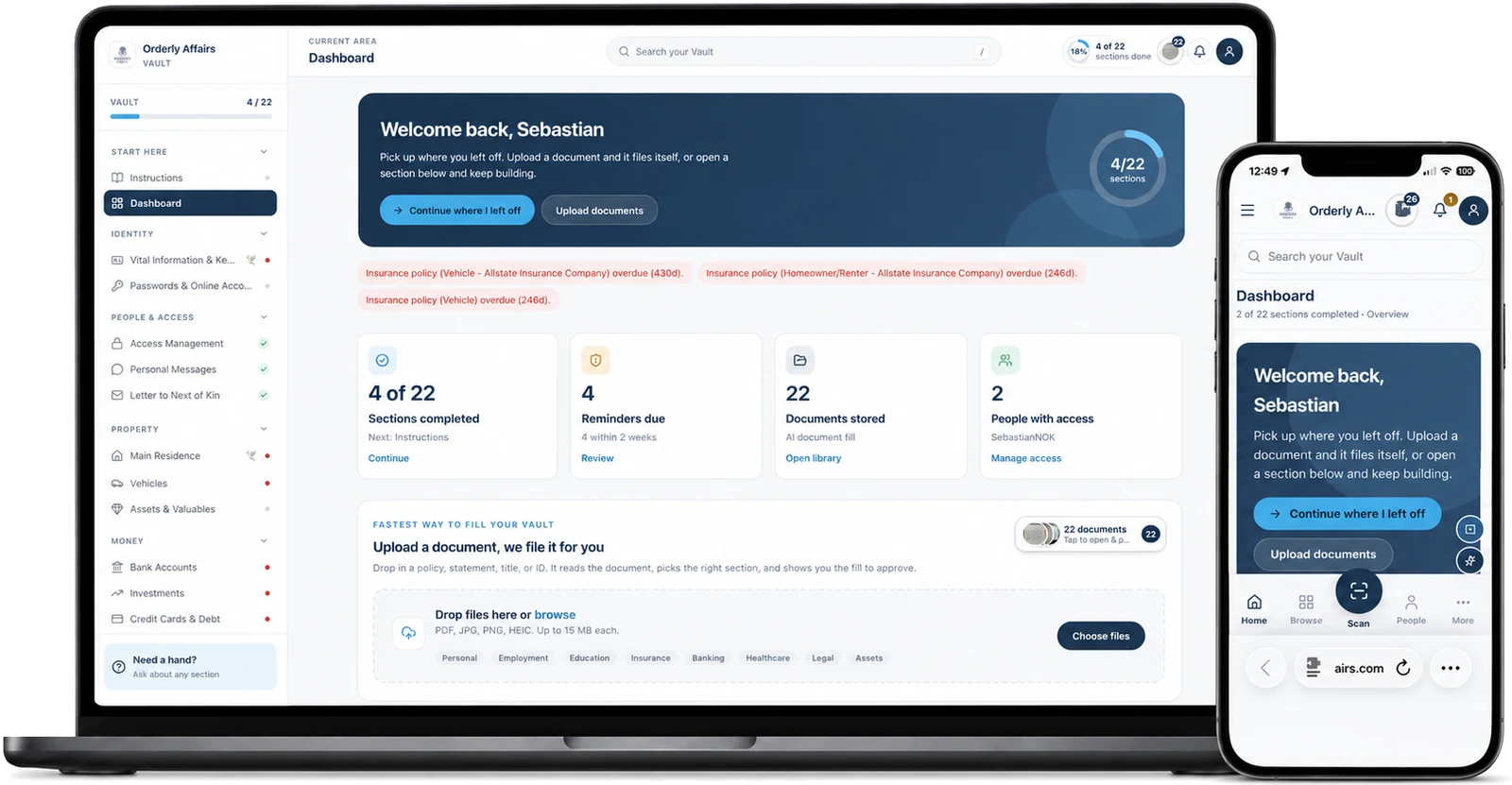 The Orderly Vault dashboard open on a laptop with the mobile app beside it