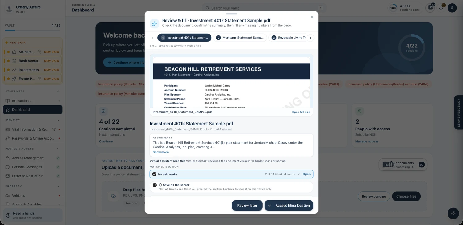 The review and fill panel, showing a document, its AI summary and the section it will be filed in